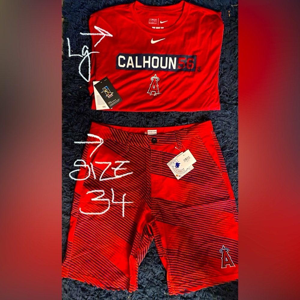 Men Swim mlb Angels Lg Nike dri-fit tee & matching shorts/swim trunks sz 34